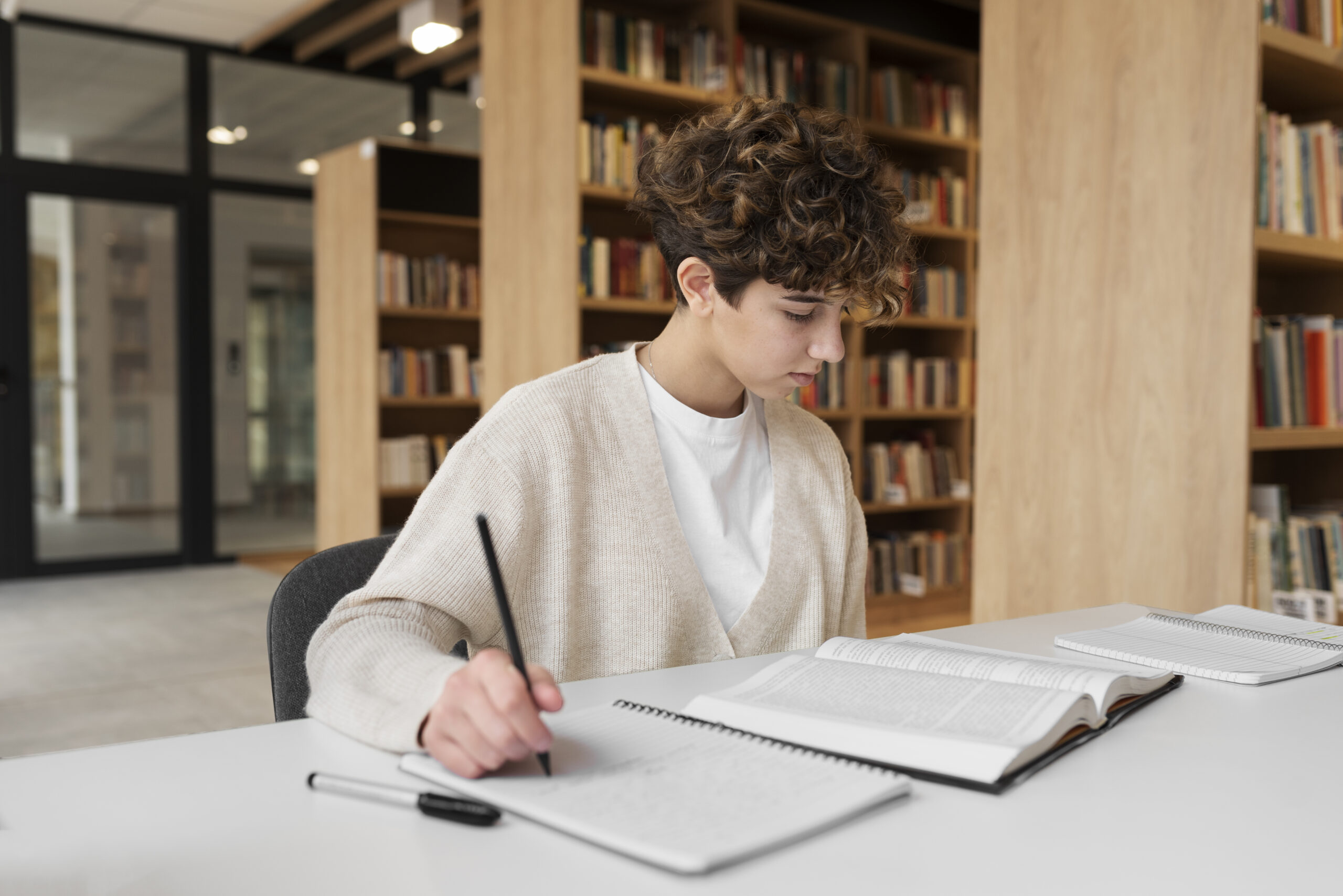 Young student learning library
